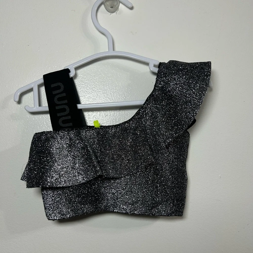 Nununu Silver Glitter Logo One-Shoulder Swim Top